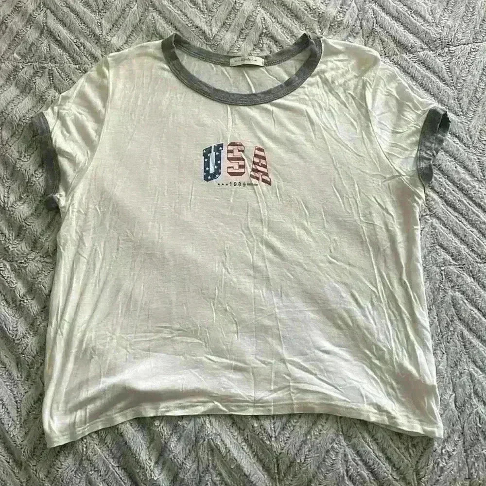 Atticute USA‎ 1989 Graphic Ringer T-Shirt White Grey Womens Large
